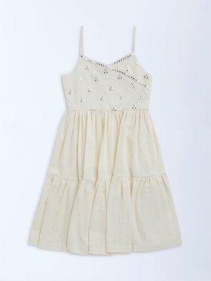 Utsa Kids Off-White Mirror-Work Detailed Cotton Tiered Dress - (8-14yrs)