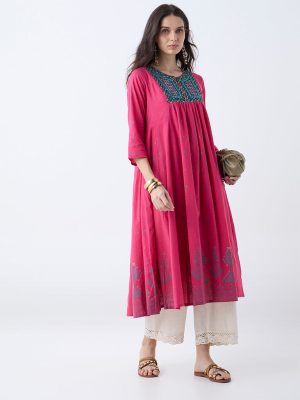 Utsa Fuchsia Embroidered Anarkali Cotton Kurta