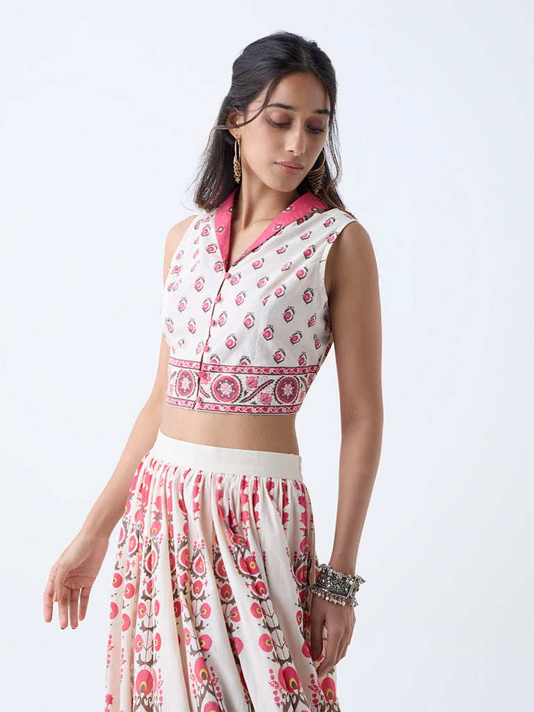 Utsa Pink Printed Cotton Ethnic Top