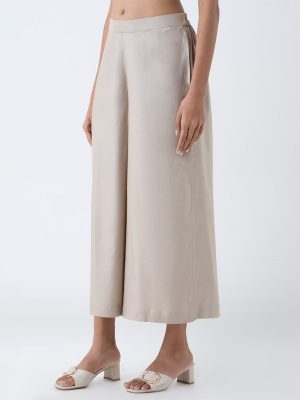 Zuba Taupe Solid Cotton-Blend Palazzos