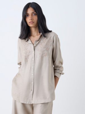 Zuba Taupe Floral Embroidered Cotton-Blend Tunic