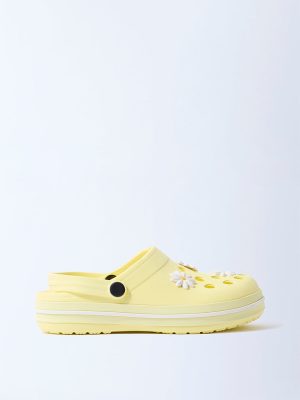 Yellow Floral-Applique Yellow Detailed Clogs