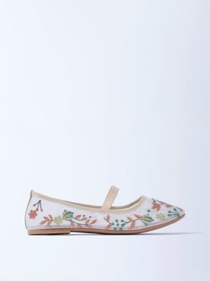 Yellow Ivory Floral Embroidered Mesh Ballerina
