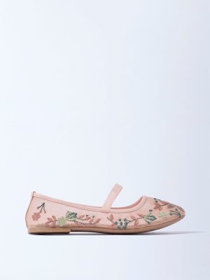 Yellow Peach Floral Embroidered Mesh Ballerina