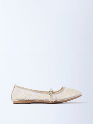 Yellow Ivory Mesh Floral Embroidered Mary Jane Shoes