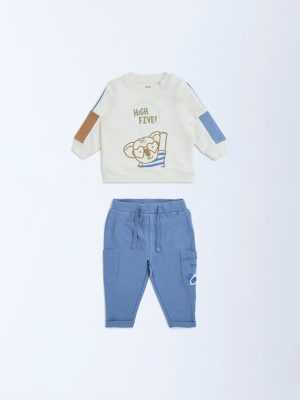 HOP Baby White Animal Design Cotton-Blend Sweatshirt and Pants Set