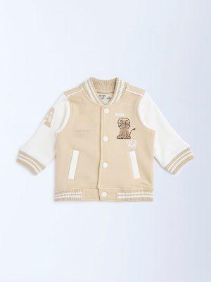 HOP Baby Beige Embroidered Cotton-Blend Varsity Jacket