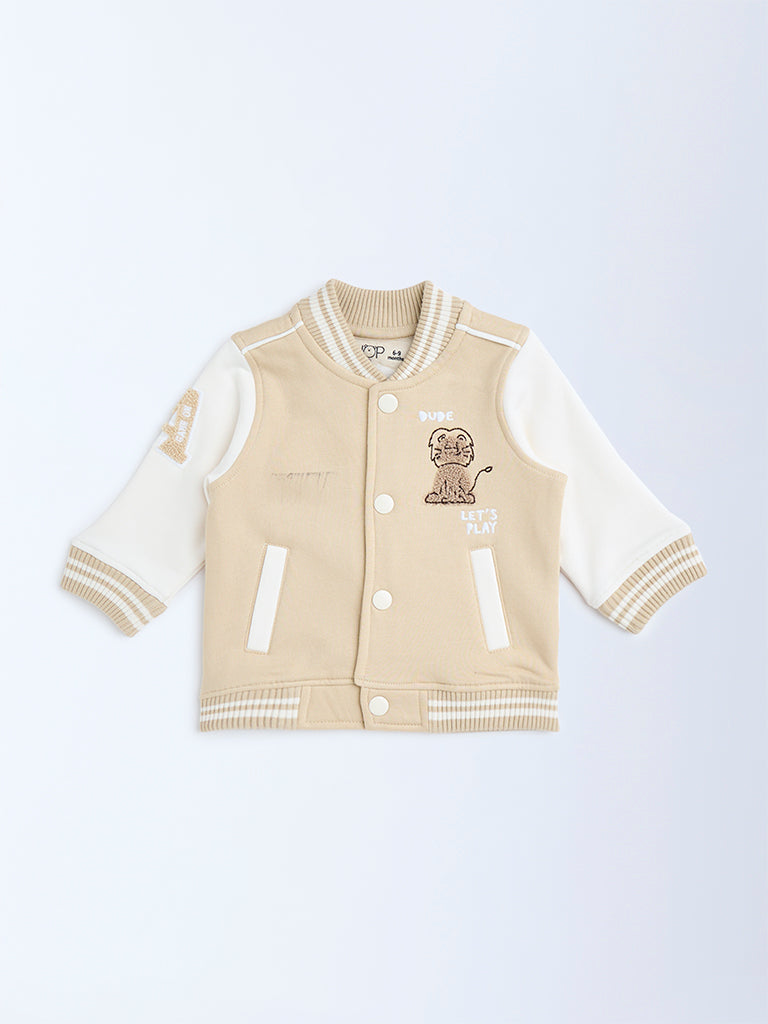 HOP Baby Beige Embroidered Cotton-Blend Varsity Jacket