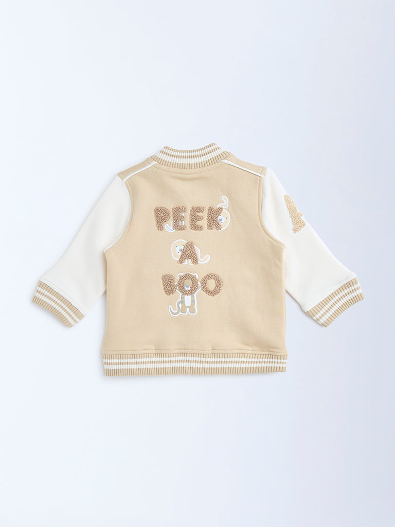 HOP Baby Beige Embroidered Cotton-Blend Varsity Jacket - Image 2