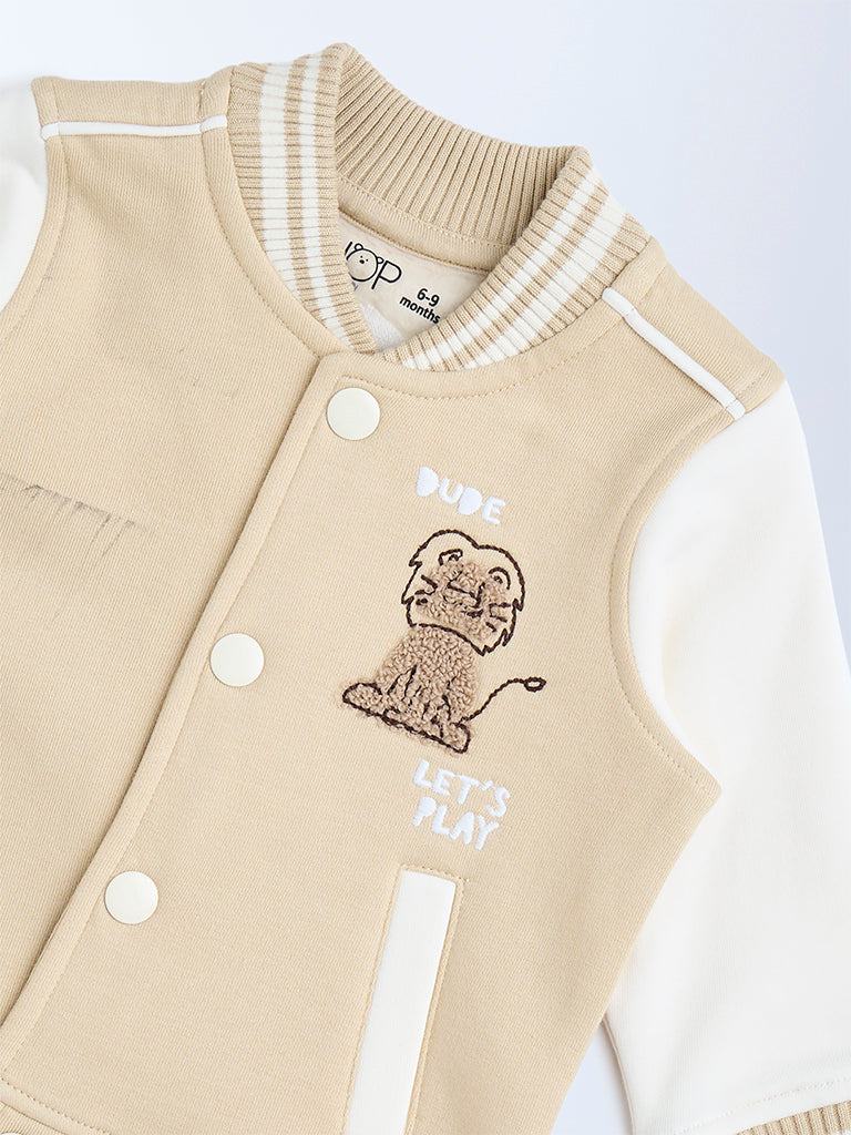 HOP Baby Beige Embroidered Cotton-Blend Varsity Jacket - Image 3