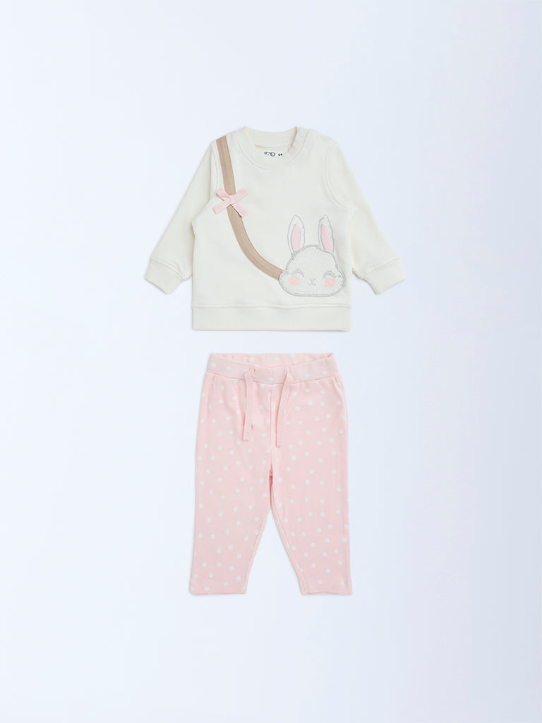 HOP Baby Off-White Bunny Design Cotton-Blend Sweatshirt and Pants Set - Image 2