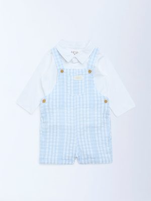 HOP Baby Blue Checkered Cotton Dungaree with Shirt Set