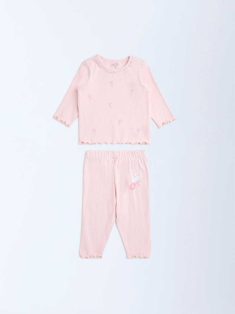 HOP Baby Pink Embroidered Cotton-Blend T-Shirt and Pants Set - Image 2
