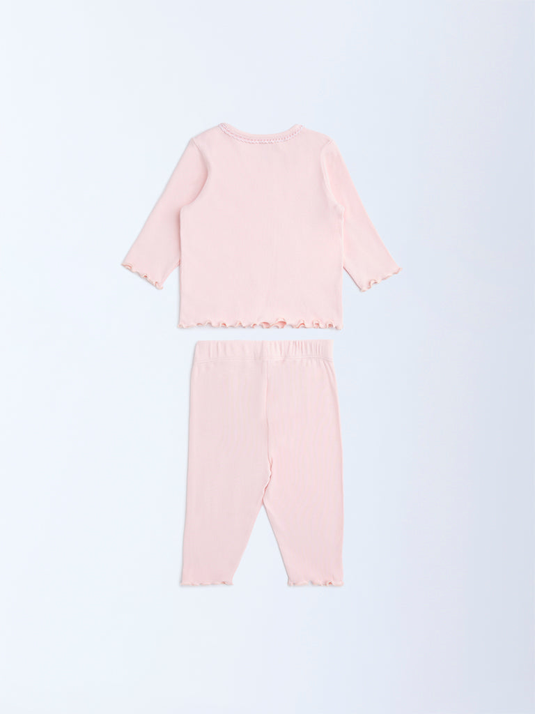HOP Baby Pink Embroidered Cotton-Blend T-Shirt and Pants Set - Image 3