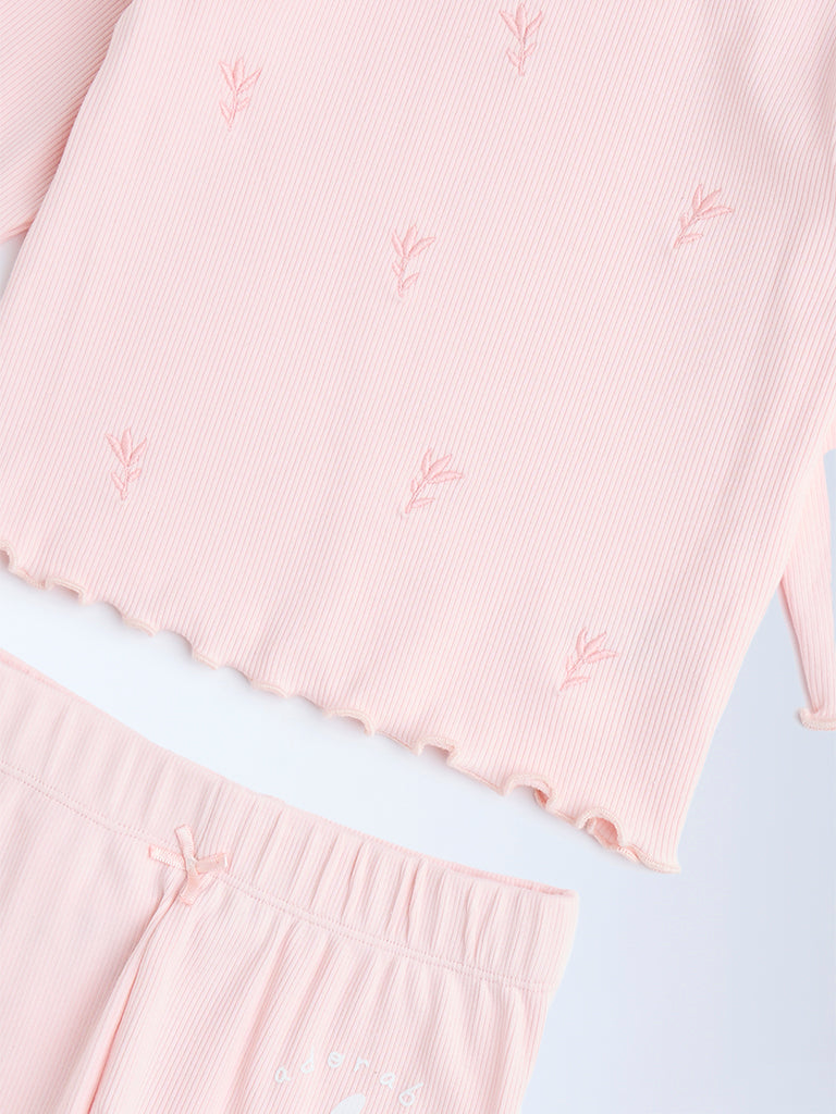 HOP Baby Pink Embroidered Cotton-Blend T-Shirt and Pants Set - Image 4
