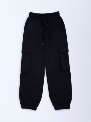 Y&F Kids Black Solid Mid-Rise Cotton-Blend Joggers