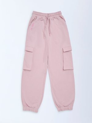 Y&F Kids Pink Solid Mid-Rise Cotton-Blend Joggers