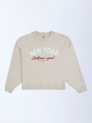 Y&F Kids Beige Text-Printed Cotton Sweatshirt