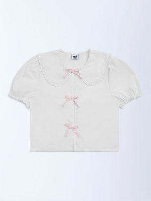 Y&F Kids White Bow-Detailed Cotton Top