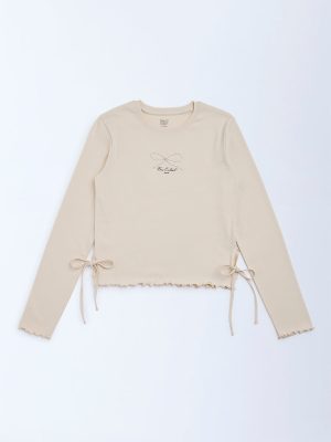 Y&F Kids Beige Bow-Detailed Cotton-Blend Top
