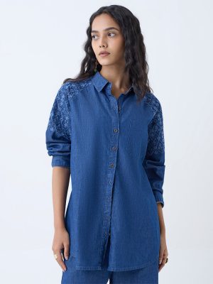 Utsa Dark Blue Embroidered Denim Tunic