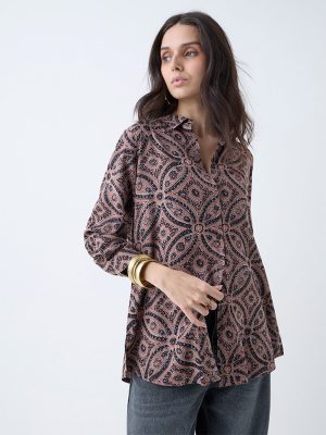 Utsa Brown Leaf Design Tunic