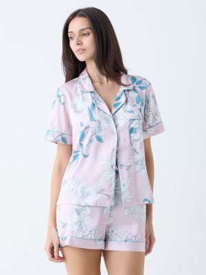 Wunderlove Pink Floral Design Shirt with Shorts Set