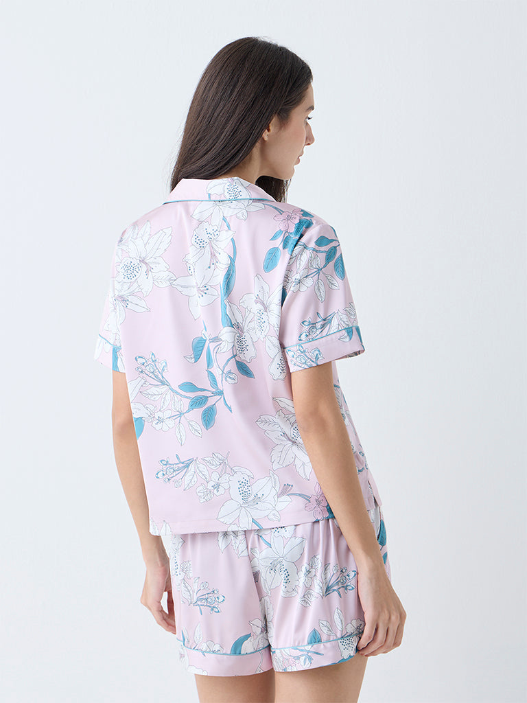 Wunderlove Pink Floral Design Shirt with Shorts Set - Image 4