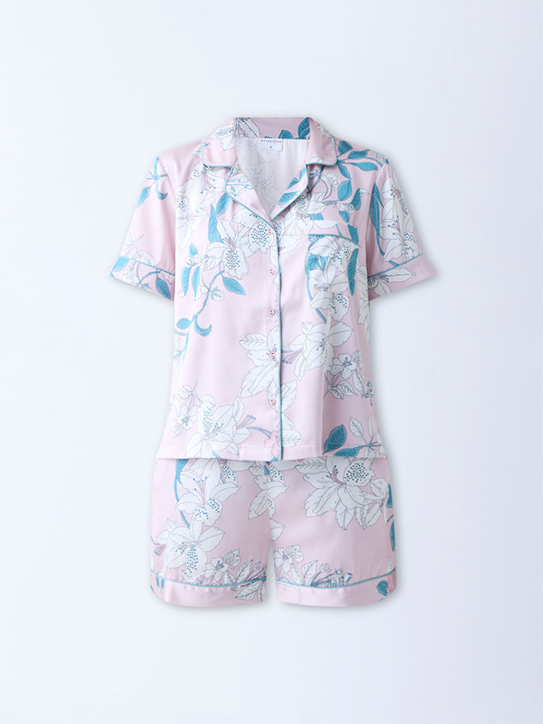 Wunderlove Pink Floral Design Shirt with Shorts Set - Image 5