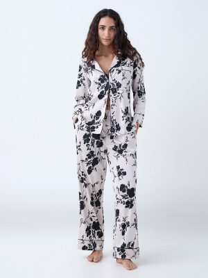 Wunderlove Black Floral Design Satin Shirt and Pyjamas Set