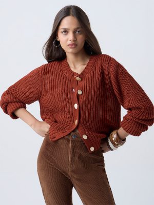 LOV Rust Knit-Textured Cardigan