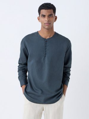 Mens Ethnicwear Dark Teal Relaxed-Fit Cotton-Blend Short Kurta