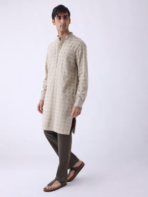 Mens Ethnicwear Light Brown Embroidered Relaxed-Fit Kurta