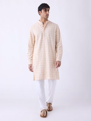 Mens Ethnicwear Peach Embroidered Relaxed-Fit Kurta