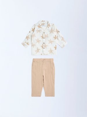 HOP Baby Beige Floral Design Cotton Shirt and Trousers Set