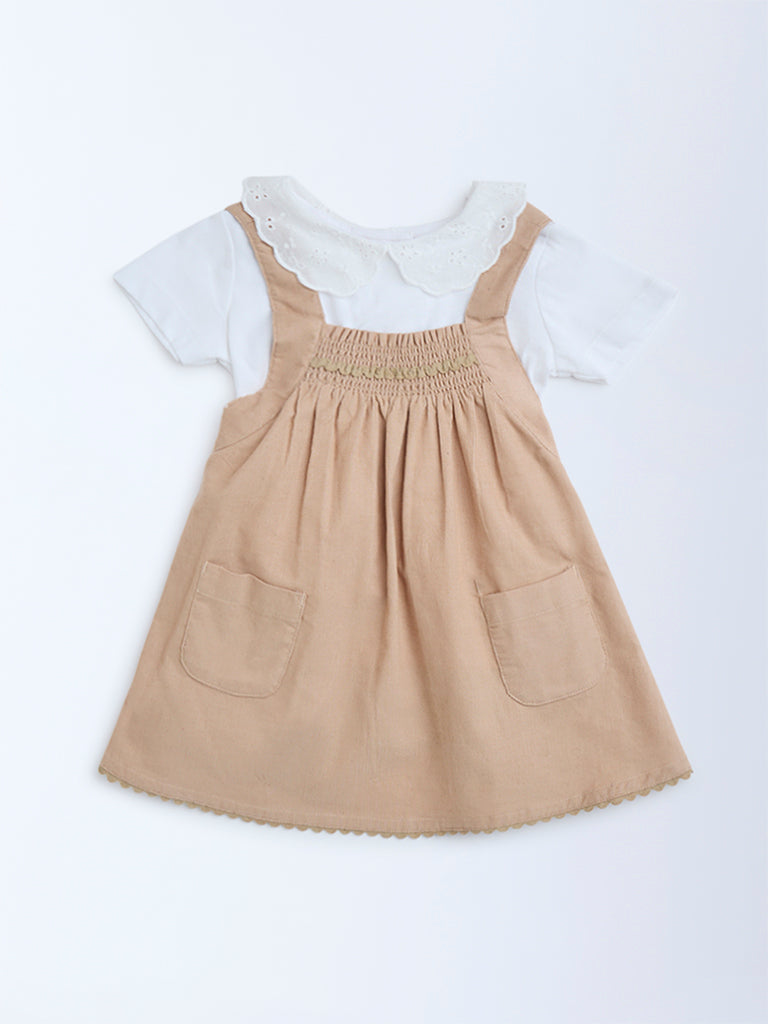 HOP Baby Tan Embroidered Cotton T-Shirt and Pinafore Set - Image 2
