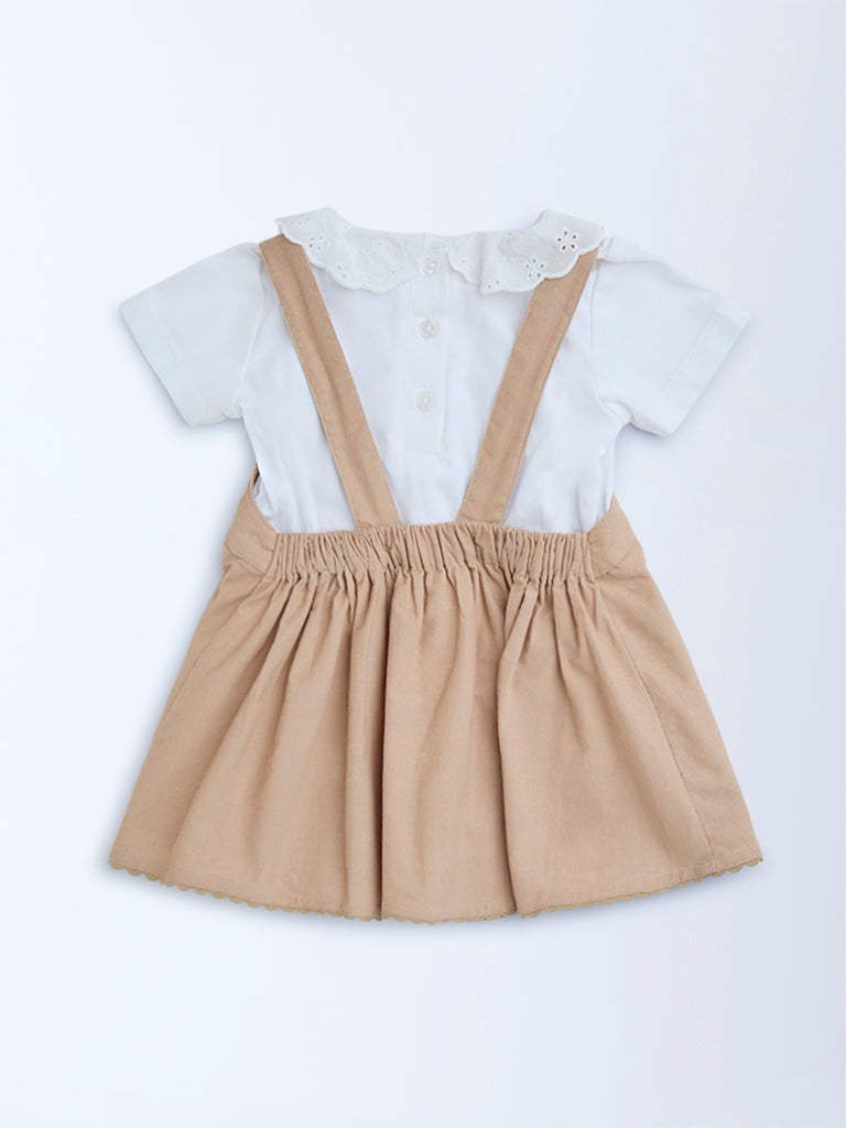 HOP Baby Tan Embroidered Cotton T-Shirt and Pinafore Set - Image 3