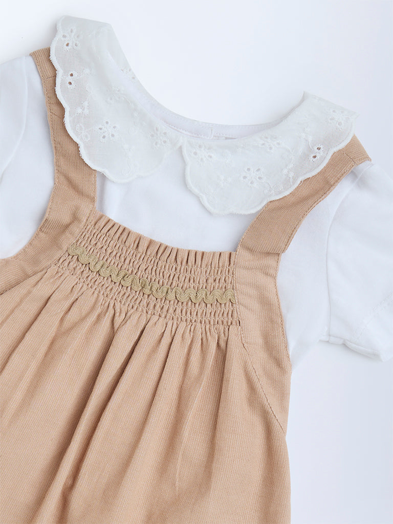HOP Baby Tan Embroidered Cotton T-Shirt and Pinafore Set - Image 4