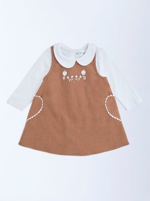 HOP Baby Brown Embroidered Cotton Pinafore with T-Shirt Set