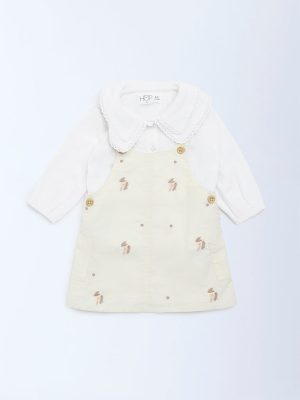HOP Baby Beige Embroidered Cotton Pinafore with Top Set