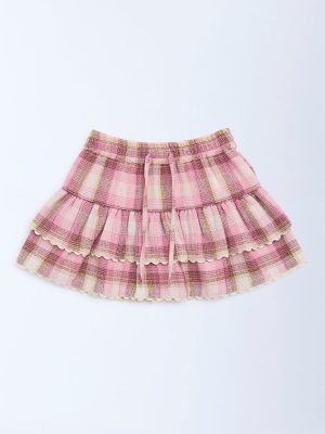 HOP Kids Pink Checkered High-Rise Cotton Skirt