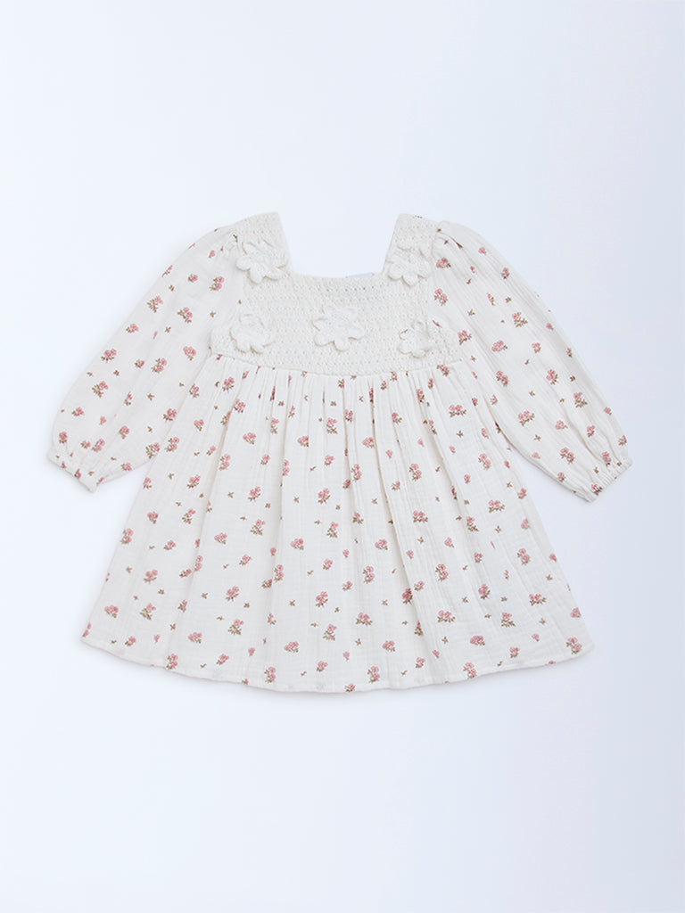 HOP Kids White Floral-Designed Cotton A-Line Dress - Image 3