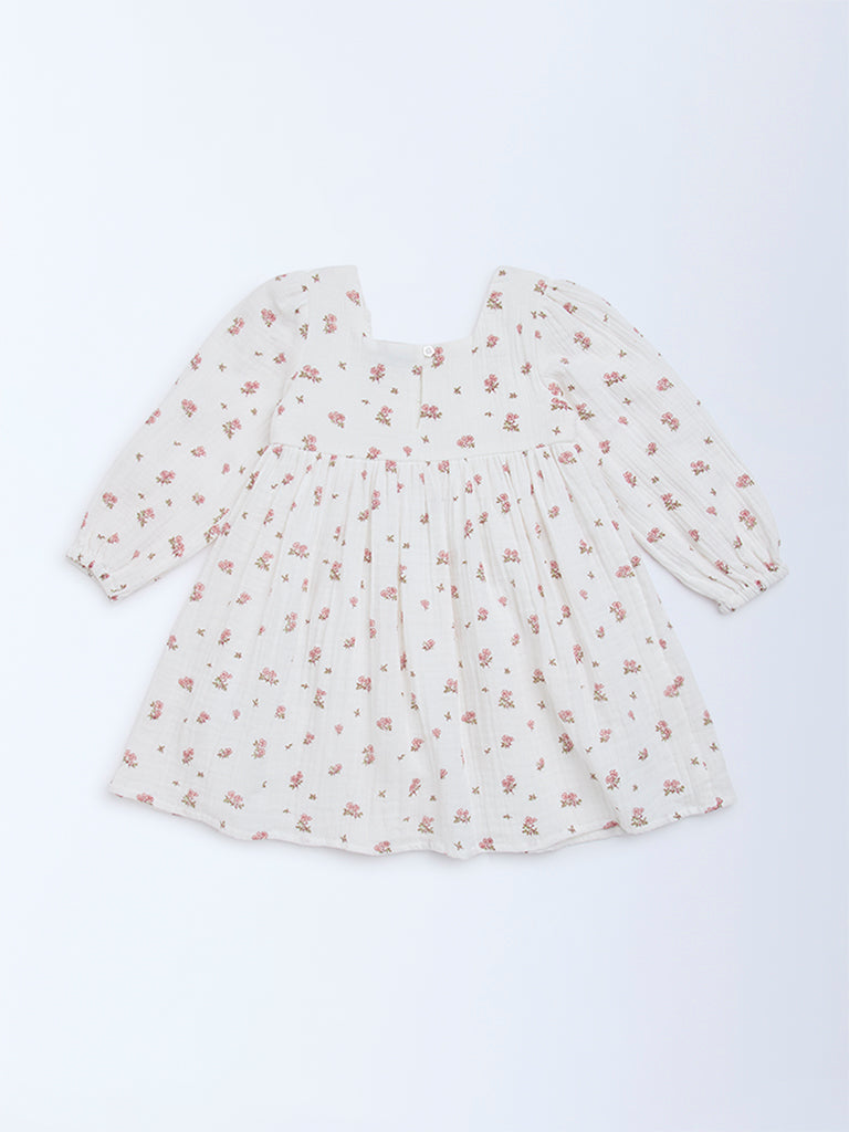 HOP Kids White Floral-Designed Cotton A-Line Dress - Image 4