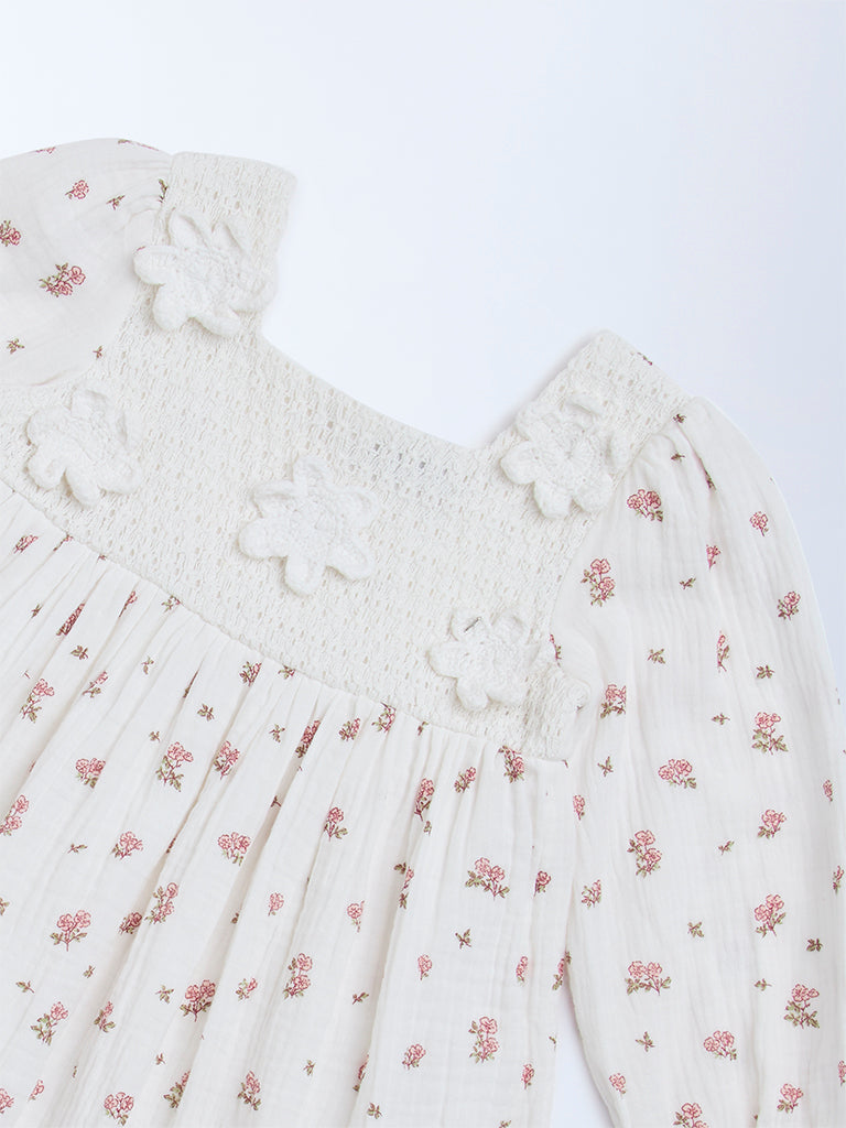 HOP Kids White Floral-Designed Cotton A-Line Dress - Image 5