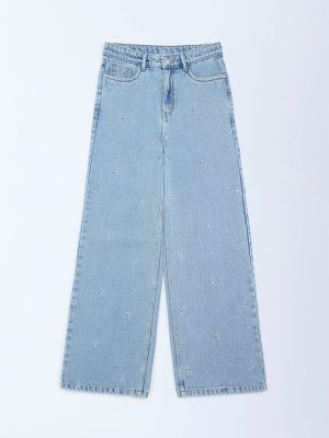 Y&F Kids Light Blue Embroidery Relaxed-Fit High-Rise Jeans