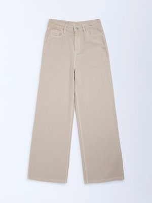 Y&F Kids Beige Solid Relaxed-Fit Mid-Rise Jeans