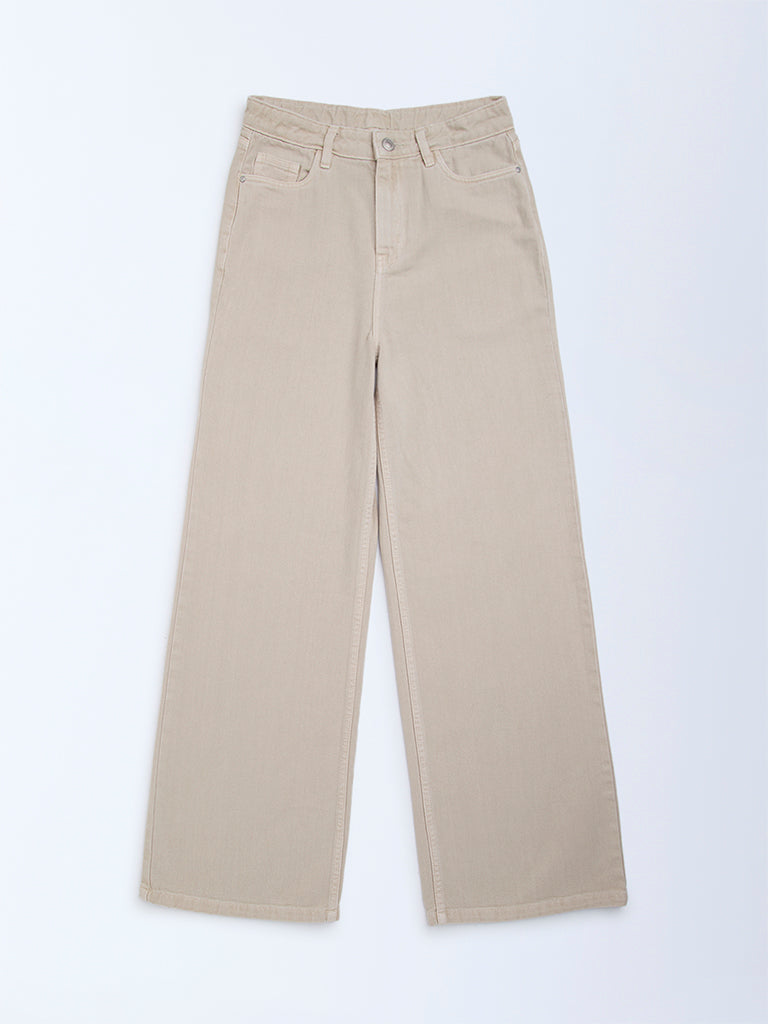 Y&F Kids Beige Solid Relaxed-Fit Mid-Rise Jeans