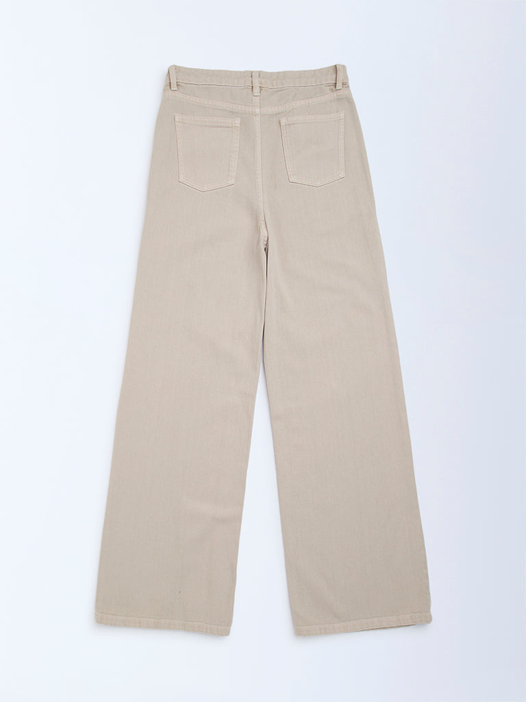 Y&F Kids Beige Solid Relaxed-Fit Mid-Rise Jeans - Image 2