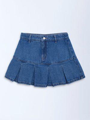 Y&F Kids Blue Box Pleated High-Rise Denim Skirt