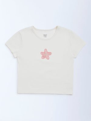Y&F Kids Off-White Embellished Cotton-Blend T-Shirt